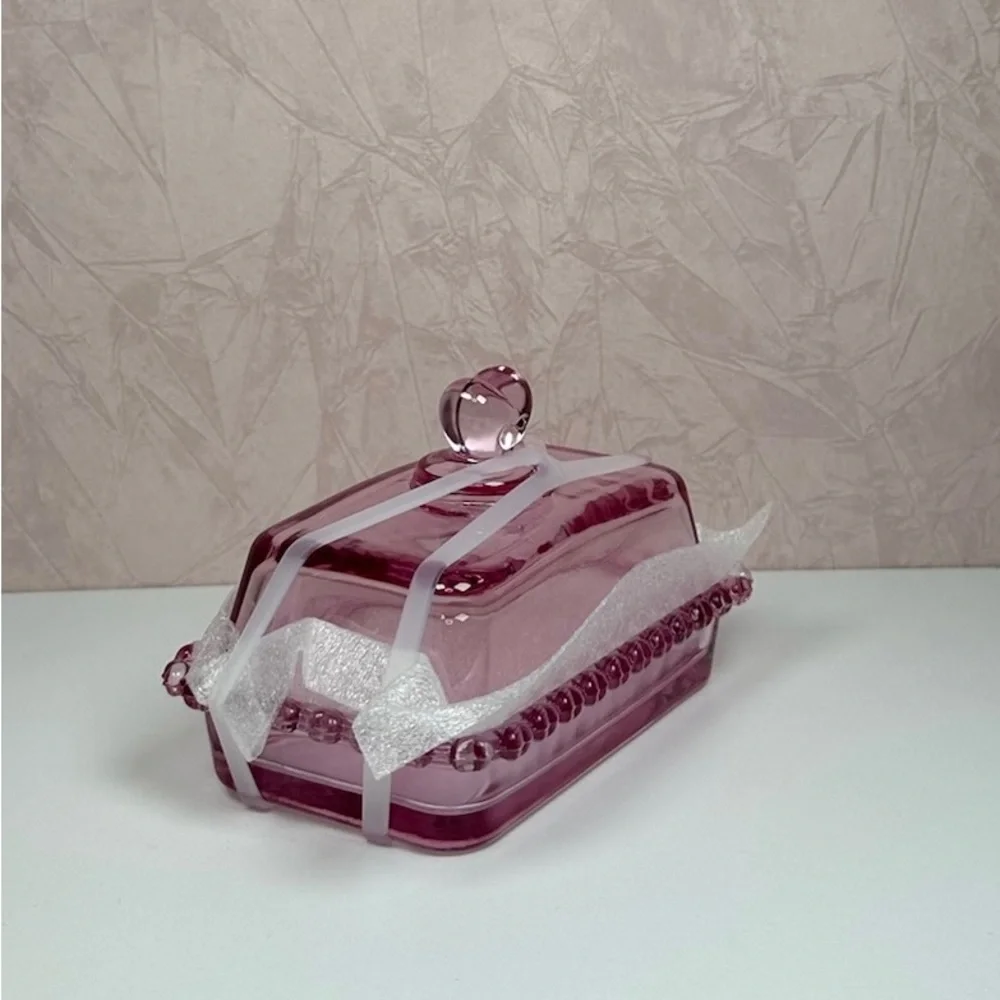 Pink Glass Butter Dish with Heart Handle